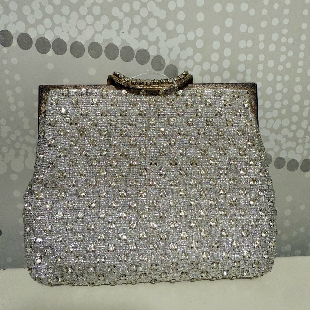 Vintage Walborg Rhinestone Silver Beaded Evening Bag, Clutch 1950s
